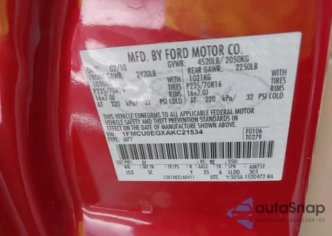 2010 Ford Escape Limited from USA, damaged, VIN 1FMCU0EGXAKC21534